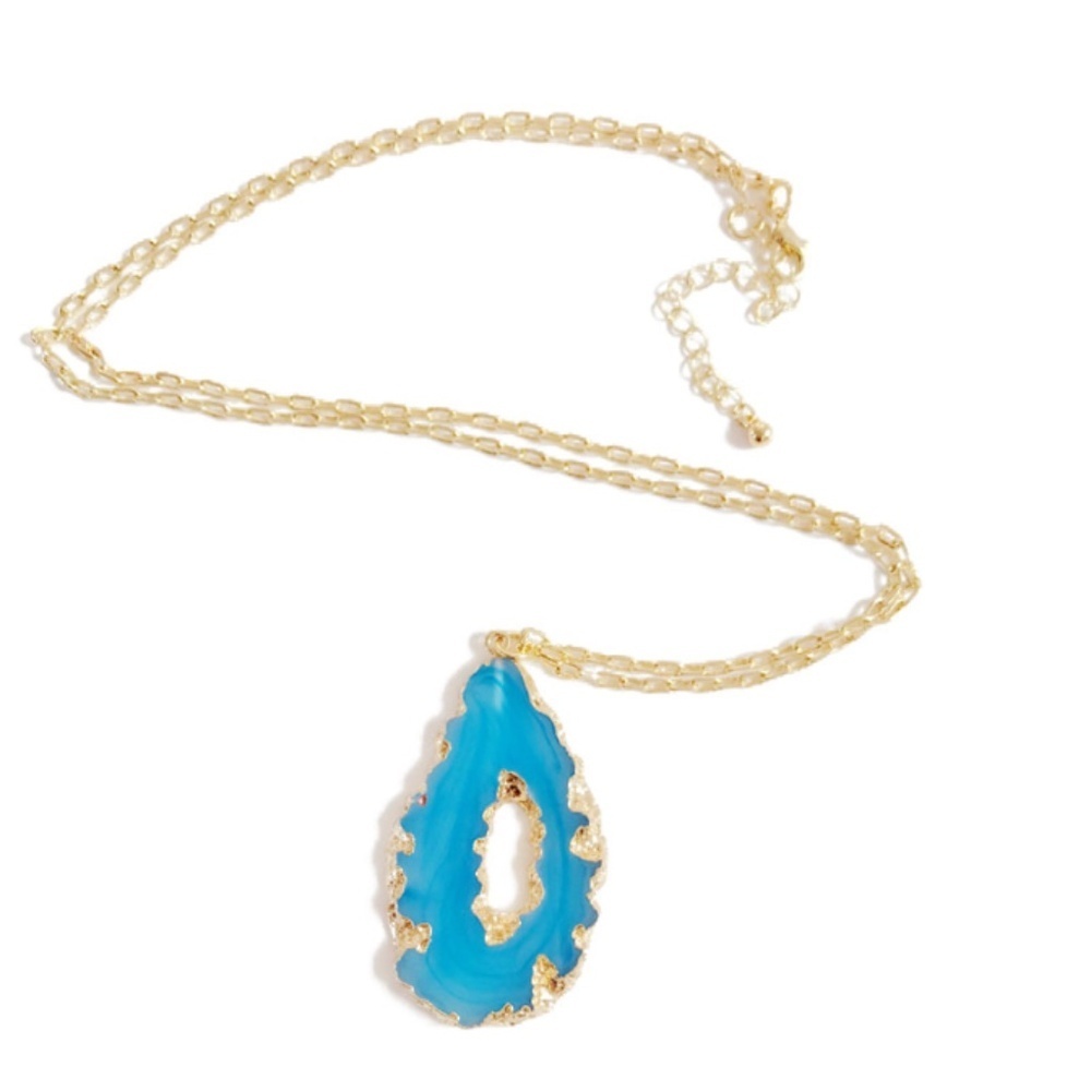 Blue Dyed Agate Pendant Necklace 30″ – Gold Tone Chain with Statement Stone